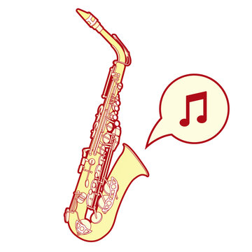 Detailed, stylized vector illustration of a saxophone, a brass musical instrument common in jazz bands and orchestras.