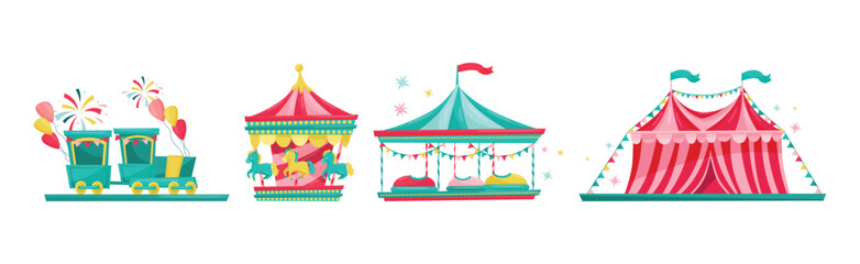 Colorful Amusement Park Funfair Carousels and Attraction Vector Set