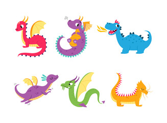 Fire Breathing Baby Dragon with Wings and Tail Vector Set
