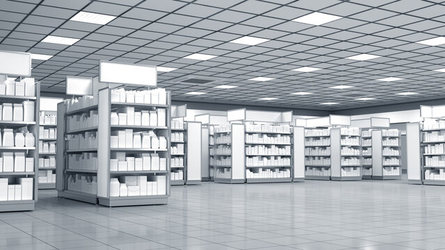 Supermarket trading floor, places for advertising and navigation. 3d illustration