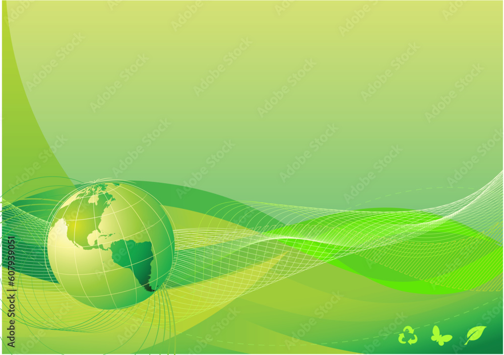 Poster vector illustration of green abstract lines background - composition of curved lines and globe