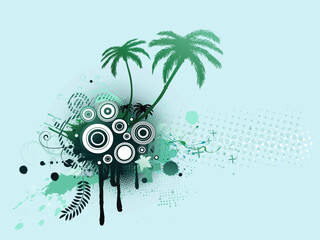 A vector illustrated blue decorative elements with palm trees and Grunge circles