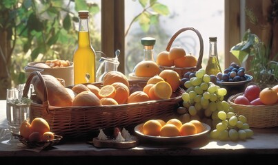  a table topped with a basket of fruit next to bottles of wine and a basket of fruit next to a glass of wine and a bottle of wine.  generative ai