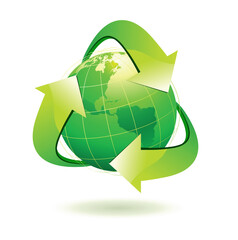 Obraz premium Vector illustration of green Earth with recycle symbol.
