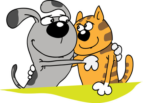 The dog and cat, friends, embrace, smile, good relations