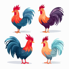Cockerel illustrations in dynamic poses, ready to greet the morning sun.