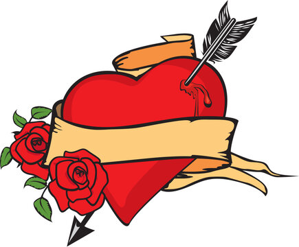 Heart impaled by arrow with two roses