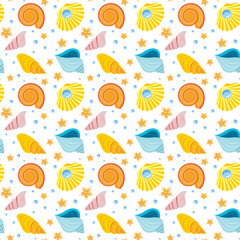 Seamless nautical pattern on white background. Ornament for kids design cartoon drawing. Yellow, blue and orange starfish, seashells and pearls. Design fabric, invitation card, banner, cover. Vector 