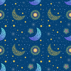 Seamless ornament pattern of shining gold stars and the moon. A cosmic starry sky on a blue background. Design template for print, fabric, packaging, wallpaper, party, baby shower. Vector illustration