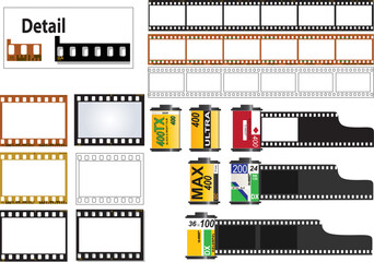 6 frame of 35mm film strip in color and b&w film types. Also individual frames and an outline frame plus several film cassettes. Film Strip has details.