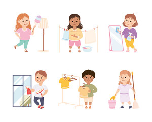 Little Boy and Girl Engaged in Cleanup and Housekeeping Activity Vector Set