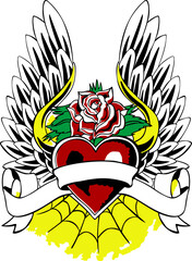 flying heart with wing and rose artwork