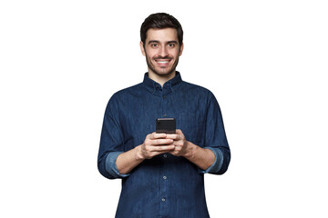 Smiling modern man standing, holding his phone with both hands