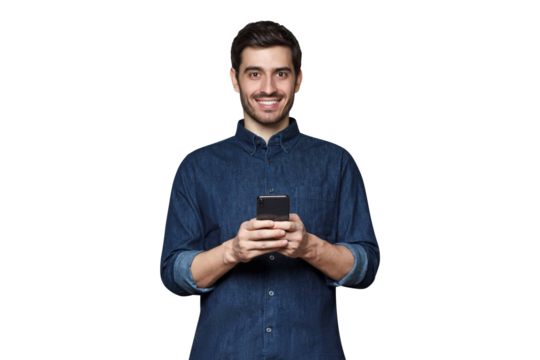Smiling modern man standing, holding his phone with both hands - Powered by Adobe