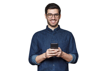 Caucasian male in glasses holding smartphone and looking at camera, isolated