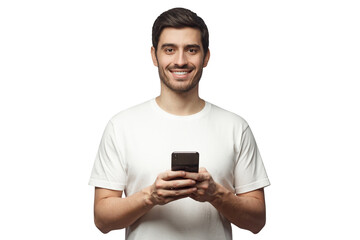 Handsome smiling man looking at camera while holding his smart phone, isolated on gray background - 607941272