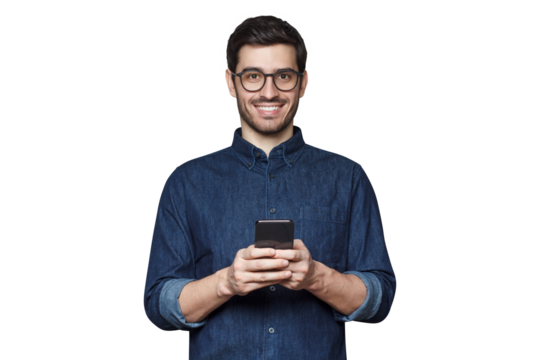 Caucasian male in glasses holding smartphone and looking at camera, isolated