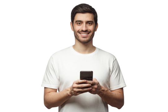 Handsome smiling man looking at camera while holding his smart phone, isolated on gray background
