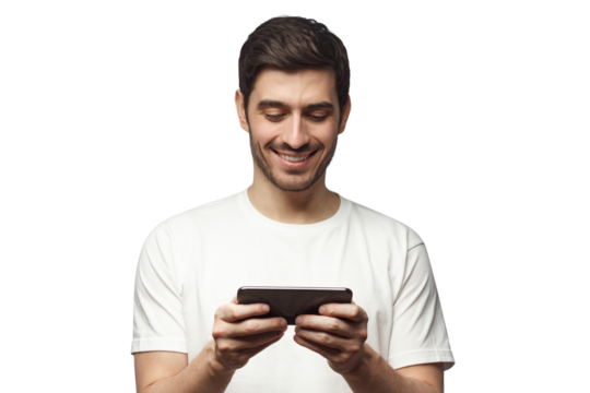 Portrait of handsome young man in white t-shirt, holding phone, playing video game - Powered by Adobe