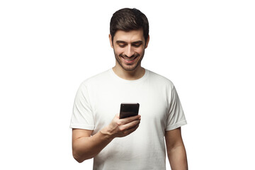 Young man wearing white t-shirt, surfing the web with phone - 607941450