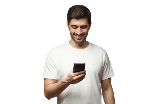 Young man wearing white t-shirt, surfing the web with phone