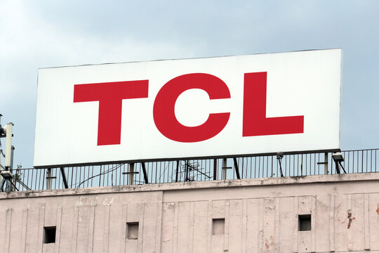 Logo of the Chinese company TCL Corporation on the roof of a building in Minsk, Belarus, 2023