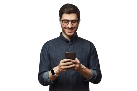 Happy young man in blue denim shirt looking at phone, surfing the web - Powered by Adobe