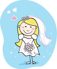 This beautiful bride in white dress is still waiting for the right one. Bride – doodle character. Art vector Illustration.