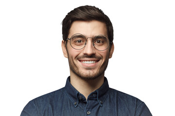 Portrait of happy young man wearing round eyeglasses and smiling