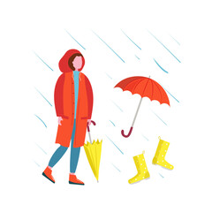 A girl, a young woman in a waterproof raincoat umbrella, umbrella closed. Walk in the park,  city. Raindrops, inclement weather, water. Raincoat with a hood. Vector illustration, background isolated.