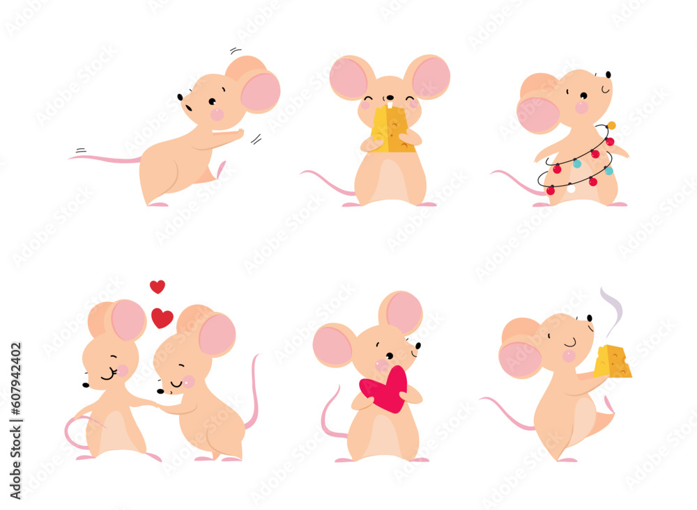 Poster cute mouse with pointed snout and rounded ears vector set