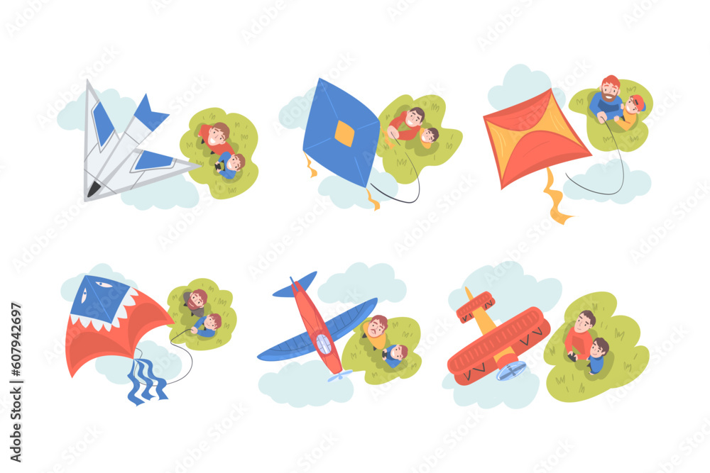 Poster father and son launching toy kite and airplane models vector set