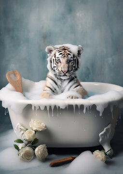 Baby Tiger in Foam Bath, tiger bathing in the bathtub, funny animal, bathroom Interior safari poster, generative ai