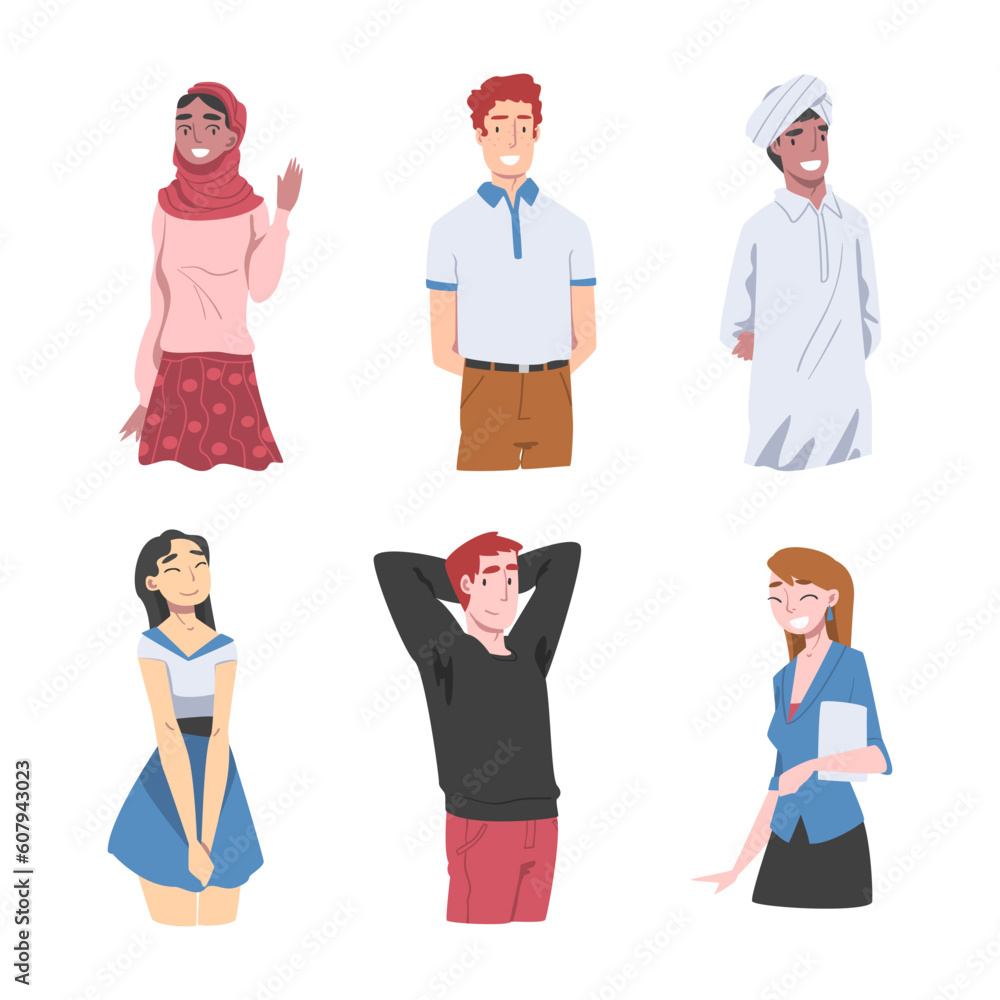 Sticker diverse multiracial and multicultural people characters isolated on white background vector set