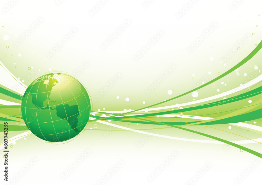 Poster vector illustration of green abstract lines background - composition of curved lines and globe