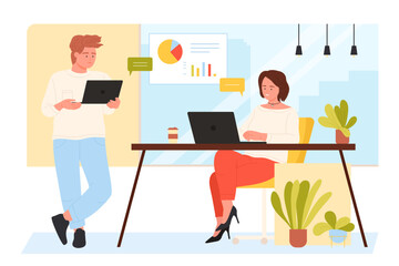 Fototapeta na wymiar Business meeting and conversation of two employees in office interior vector illustration. Cartoon man standing with laptop, woman sitting at desk, smiling and talking about creative idea with partner