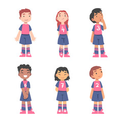 Little Boy and Girl Soccer or Football Player in Uniform Stand Vector Set