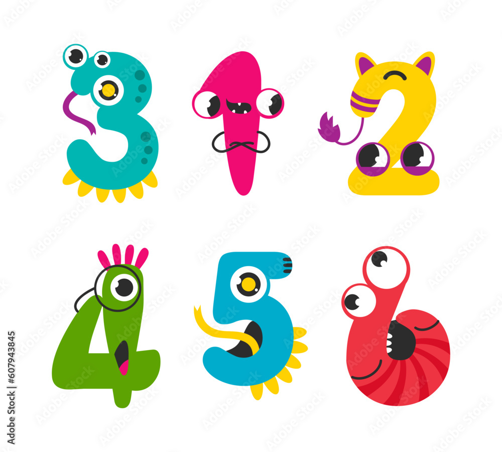 Poster funny monsters colorful numbers and cute fantasy aliens in the shape of numerals vector set