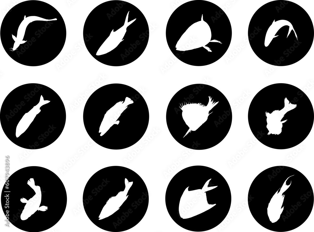 Poster fish. set of 12 round vector buttons for web