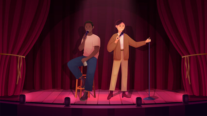 Standup, comedy show with comedians couple with mic on stage vector illustration. Cartoon male female speaker characters sitting and standing, comic man and woman with microphone joking in night club - obrazy, fototapety, plakaty