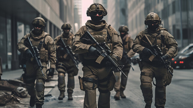 Tactical response in the concrete jungle: armed forces mobilize for swift action.