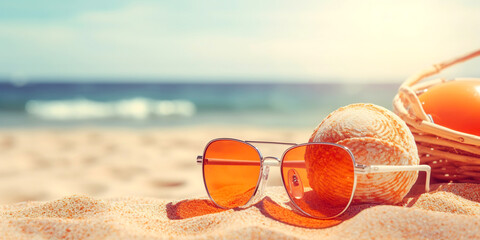 Sunglasses on sand beach. Summer vacation concept. Created with generative Ai