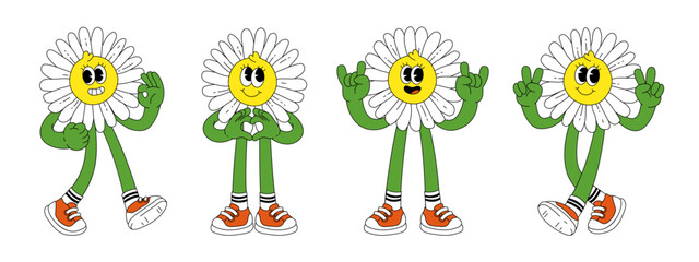 Flower retro funky cartoon characters. Comic mascot of daisy with happy smile face, hands and feet. Groovy summer vector illustration. Fruits flower berries juicy sticker pack.
