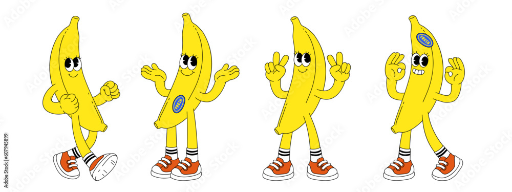 Wall mural Fruit retro funky cartoon characters. Comic mascot of banana with happy smile face, hands and feet. Groovy summer vector illustration. Fruits flower berries juicy sticker pack.