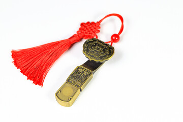 Traditional chinese brass amulet as presents. Chinese style amulet with red decorative good luck...