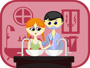 Vector illustration:wife and husband are going to get morning toilet together. Man (waist-deep), girl (waist-deep), furniture and background on separate layers fully editable.