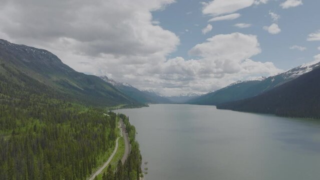 Flying high above a beautiful lake in Jasper National Park