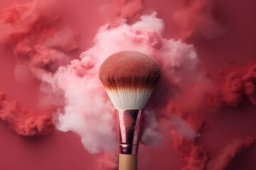 Make up brush with pink powder on pink background. Generative AI - obrazy, fototapety, plakaty