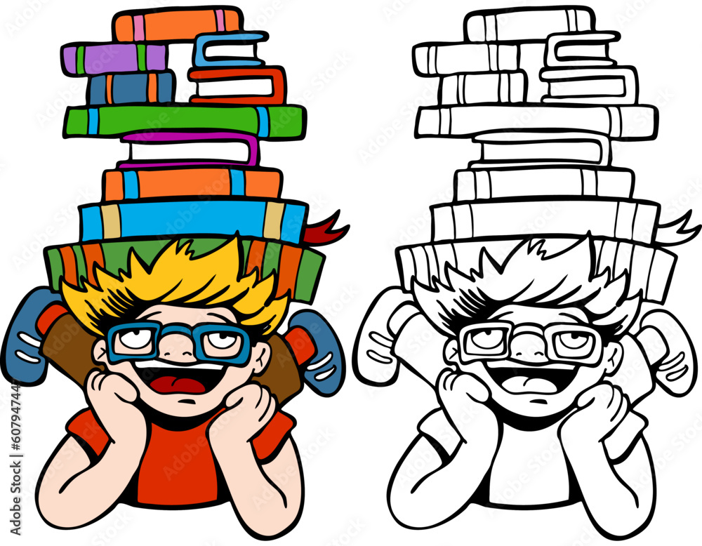 Poster cartoon image of a student who does not seem to be bothered by his heavy workload - both color and b