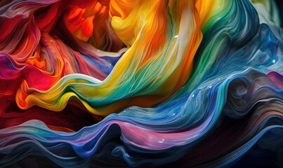  a multicolored abstract painting with a black background and a white background with a red, yellow, blue, green, orange, and pink swirl.  generative ai